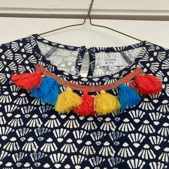 NWT Sz L Crown & Ivy Navy and White Dress w/Colorful Embellishment At Neckline - Picture 3 of 7